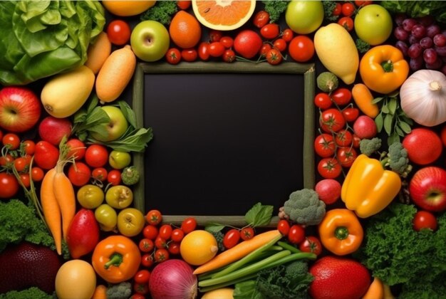 Foto vista superior del marco vacío en medio de frutas y verduras frescas ai generativo