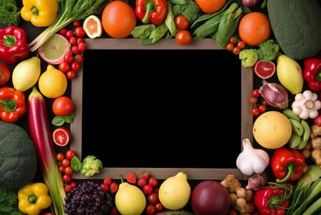 Vista superior del marco vacío en medio de frutas y verduras frescas ai generativo