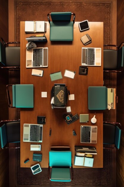 Foto vista superior de una mesa de conferencias con computadoras portátiles y documentos creados con ia generativa