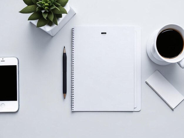 Vista superior de la mesa de escritorio de oficina blanca con computadora portátil con teclado y taza de café con equipo