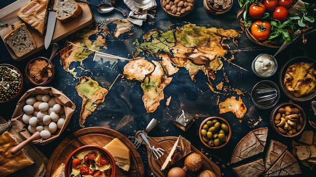 Foto vista superior de una mesa llena de deliciosa comida de todo el mundo hay platos de europa asia áfrica y las américas