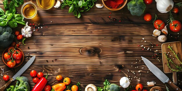 Foto vista superior mesa de madera de cocina enmarcada con verduras e ingredientes de cocina presentación del producto foo