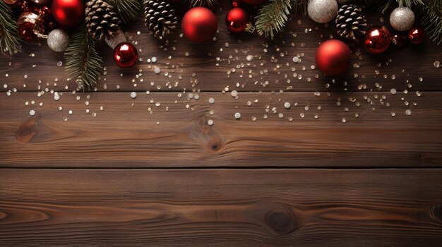 Vista superior de una mesa de madera hermosamente decorada con un árbol de Navidad festivo bolas de plata y cono de pino Comparte tu alegría navideña con esta imagen de copyspace