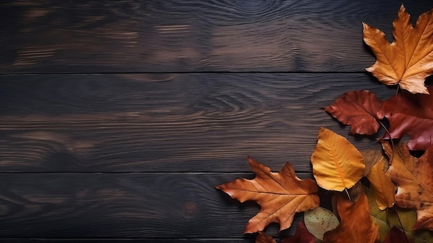 Vista superior de una mesa de madera con hojas de otoño