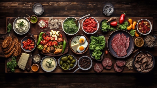 Vista superior en la mesa de madera llena de comida e ingredientes.