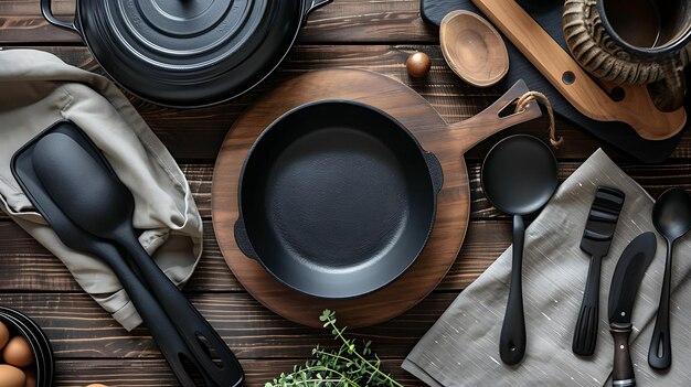 Foto vista superior de una mesa de madera rústica con una variedad de utensilios de cocina y utensilius de cocina la mesa está hecha de madera oscura y tiene una superficie de textura áspera