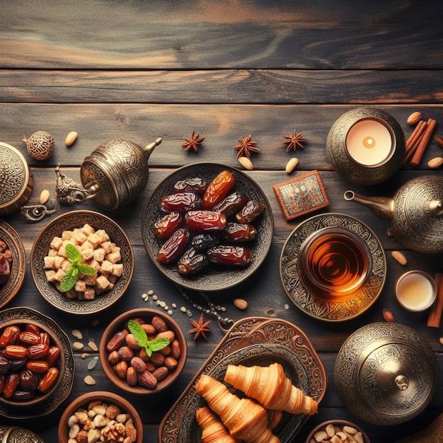 Vista superior de la mesa de Ramadán Banner con platos árabes tradicionales y juegos de comida foto de stock