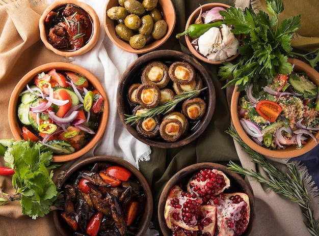 Vista superior de una mesa de restaurante con platos gourmet georgianos