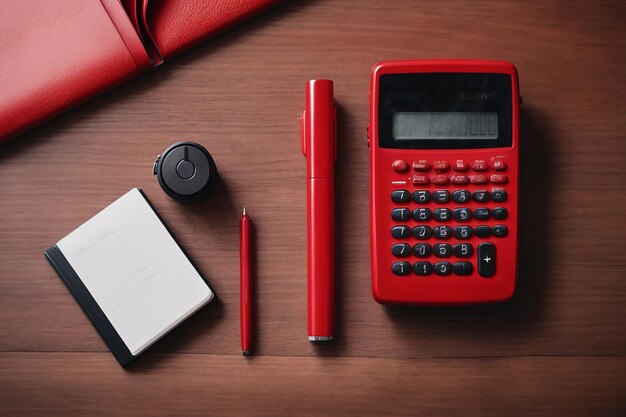 Vista superior mini calculadora ao lado do caderno vermelho