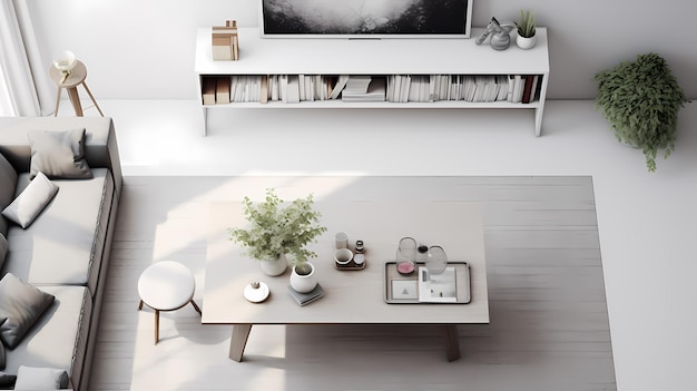 Vista superior Minimalismo de la sala de estar Muebles grises paredes blancas Ilustración de la revista