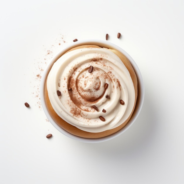 Vista superior minimalista de um Iced Cinnamon Roll Mocha isolado.