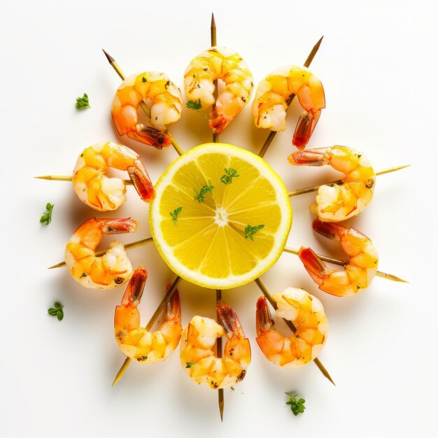 Foto vista superior minimalista de um isolado lemon garlic butter shrimp skewers