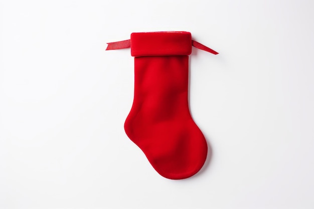 Foto vista superior minimalista de uma meia de veludo vermelho isolada ao lado do fundo da borda