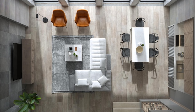 Vista superior minimalista interior da renderização 3D moderna sala de estar