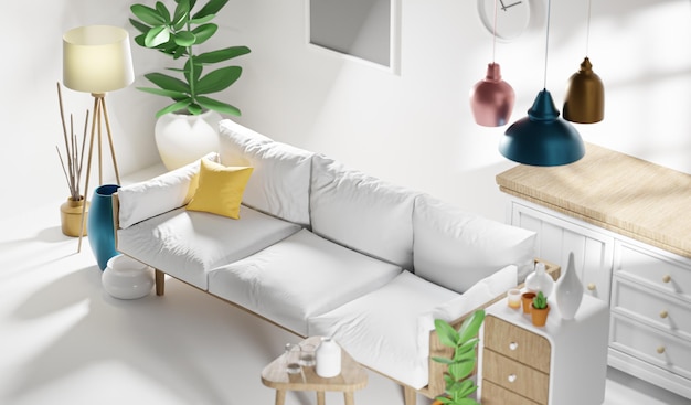 Foto vista superior minimalista sala de estar sofá branco amarelo travesseiro design de interiores escandinavo renderização 3d