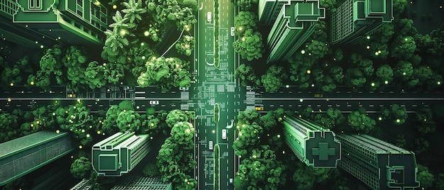 Vista superior de un modelo de ciudad ecológica electrónica verde con edificios y carreteras como telón de fondo tecnológico IA generativa