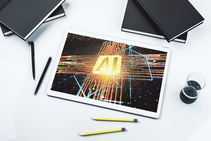 Foto vista superior del monitor de tableta digital moderno con icono creativo de inteligencia artificial redes neuronales y concepto de aprendizaje automático representación 3d