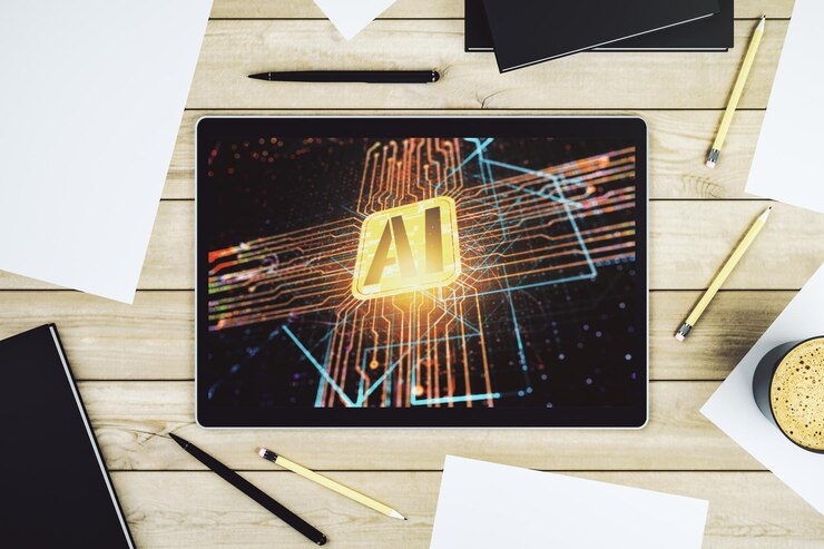 Foto vista superior del monitor de tableta digital moderno con icono creativo de inteligencia artificial redes neuronales y concepto de aprendizaje automático representación 3d