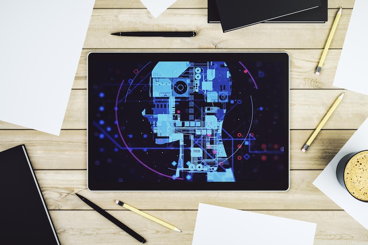 Foto vista superior del monitor de tableta digital moderno con símbolo creativo de inteligencia artificial redes neuronales y concepto de aprendizaje automático representación 3d