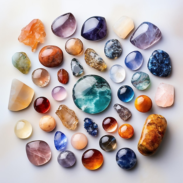 Vista superior de muchas gemas diferentes Piedras preciosas para joyería prácticas espirituales meditaciones y relajación Generación AI