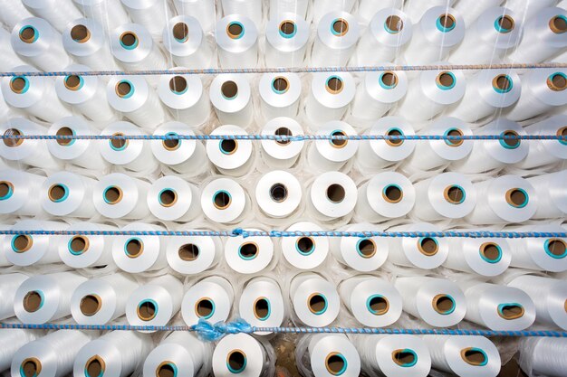 Vista superior de muchos carretes de hilo blanco en una fábrica textil Carretes de hilo blanco en una fábrica de ropa