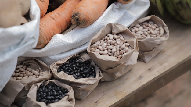 La vista superior muestra pequeños sacos de frijoles blancos y negros sobre una mesa de madera