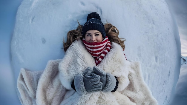 Vista superior de una mujer cálida tendida en el suelo nevado