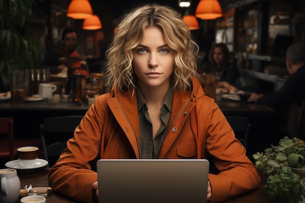 Vista superior de una mujer joven con cabello rizado rubio sentada en un acogedor café y trabajando en una computadora portátil moderna