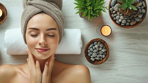 Vista superior de una mujer joven recibiendo un tratamiento de masaje de spa en el salón de belleza Spa Masaje facial Spa cuidado de la piel y el cuerpo