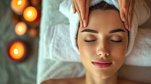 Vista superior de una mujer joven recibiendo un tratamiento de masaje de spa en el salón de belleza Spa Masaje facial Spa cuidado de la piel y el cuerpo