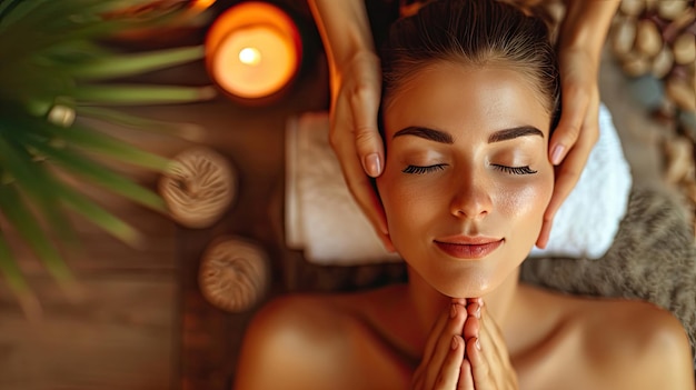 Vista superior de una mujer joven recibiendo un tratamiento de masaje de spa en el salón de belleza Spa Masaje facial Spa cuidado de la piel y el cuerpo