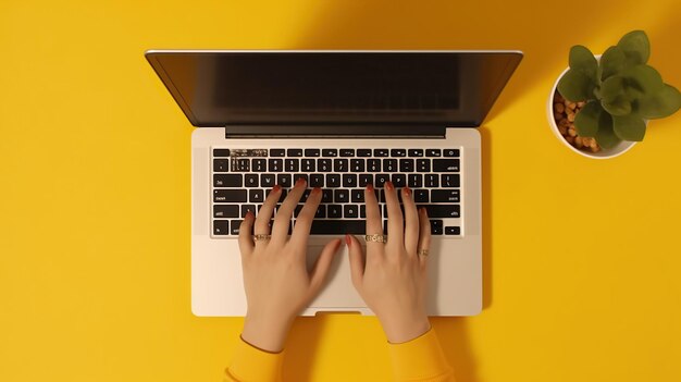 Foto vista superior de una mujer trabajando en una computadora portátil