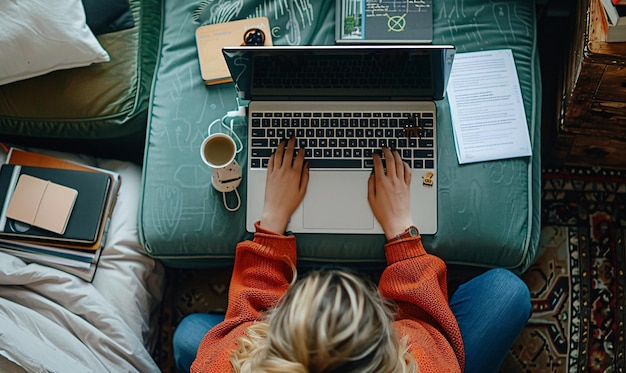 Vista superior de una mujer usando una computadora portátil