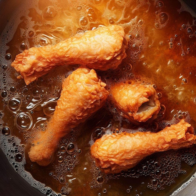 Vista superior de muslos de pollo crujientes fritos en aceite hirviendo
