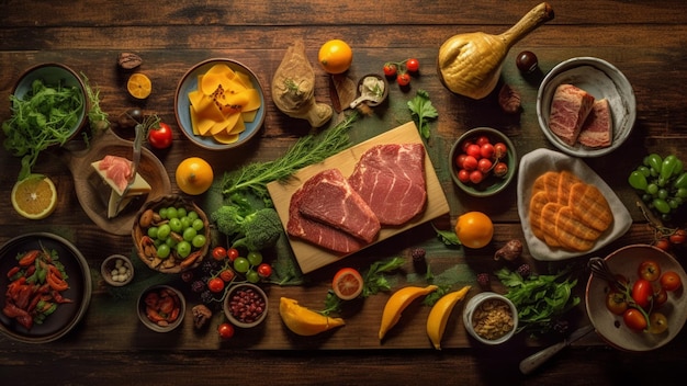 Vista superior na mesa de madeira cheia de comida e ingrediente