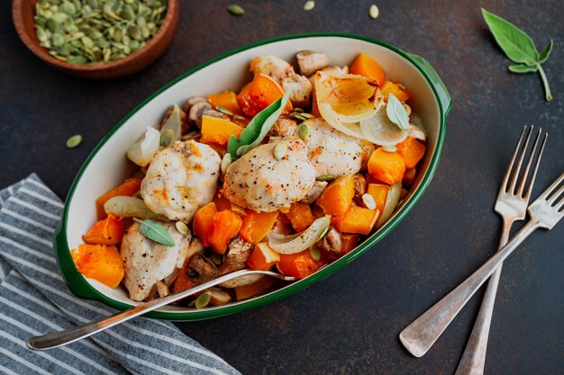 Vista superior na receita sazonal de baixa caloria do outono de medalhões de peru assado com champignons de cebola de abóbora e sálvia em um prato cerâmico