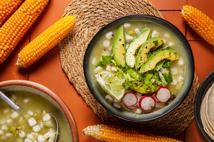 Vista superior na tigela de pozole apetitosa