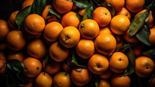 vista superior de naranjas con hojas verdes
