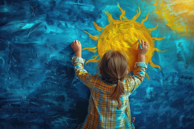 Vista superior de una niña pintando un sol brillante sobre un fondo azul