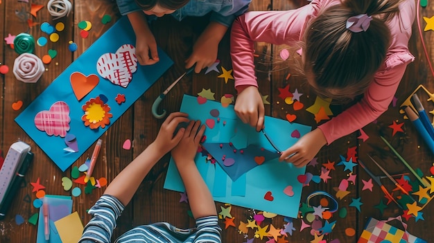 Vista superior de niños haciendo origami con corazones de papel coloridos en una mesa de madera