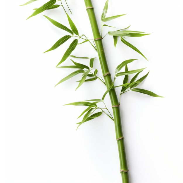 Vista superior nítida y limpia de un solo tallo de bambú sobre un fondo blanco