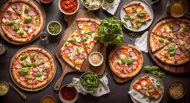 Vista superior no buffet de deliciosas pizzas preparadas na hora e pratos da cozinha europeia Variedade de pizzas na mesa do restaurante Generative AI