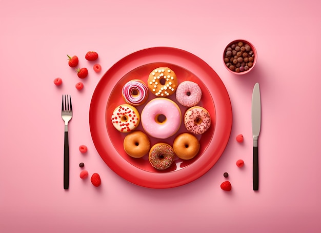 Vista superior no fundo da mesa rosa servido com prato vermelho com diferentes variedades de rosquinhas garfo faca bagas ao redor e granola de chocolate Conceito de comida doce saborosa Foto de alta qualidade