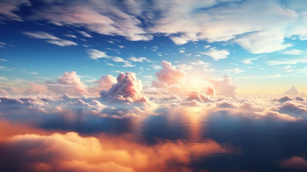 Foto vista superior desde nubes suaves y esponjosas en la puesta de sol a la luz cálida hasta el cielo transparente del océano y el agua del mar