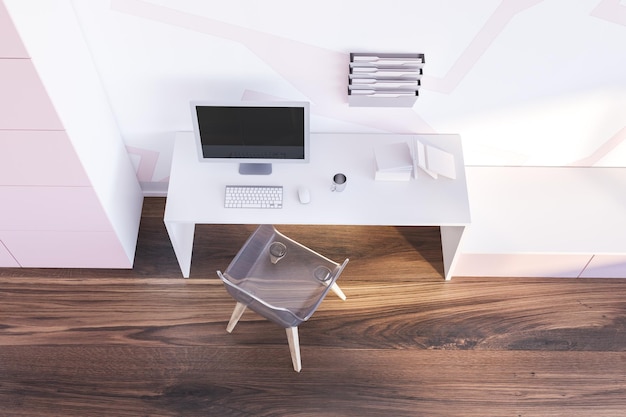 Vista superior de la oficina en casa con paredes blancas y rosas, mesa de computadora blanca con silla transparente y armario rosa. representación 3d