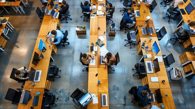 Foto vista superior de una oficina ocupada con personas trabajando en sus escritorios