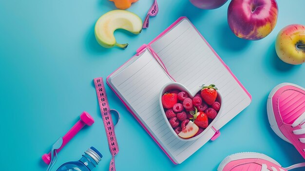 Foto vista superior ou camada plana de vegetais e frutas em forma de coração em garrafa de prato