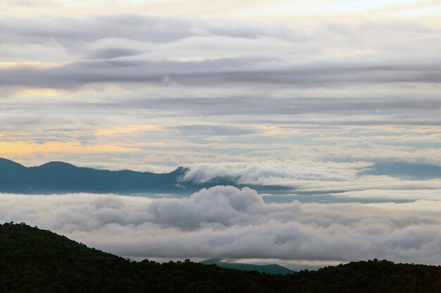 Vista superior Paisaje de niebla matutina con capa de montaña en el norte de Tailandia