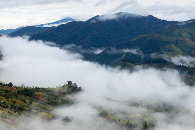 Vista superior Paisaje de niebla matutina con capa de montaña en Sapan nan Tailandia