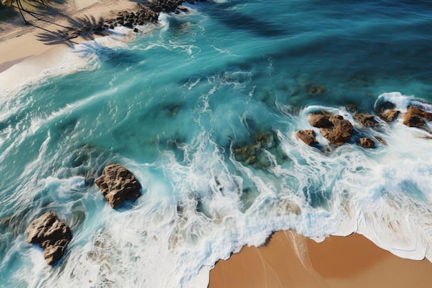 Vista superior de paisajes de hojas de palma y olas de playa de arena tomadas con drones